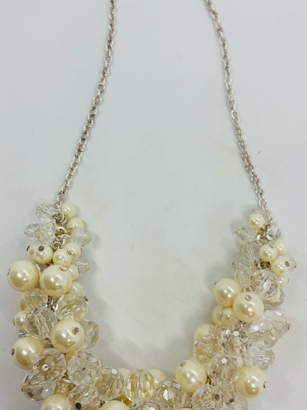 Avon Ivory Pearl and Clear Crystal Cluster Necklace with Silver Chain